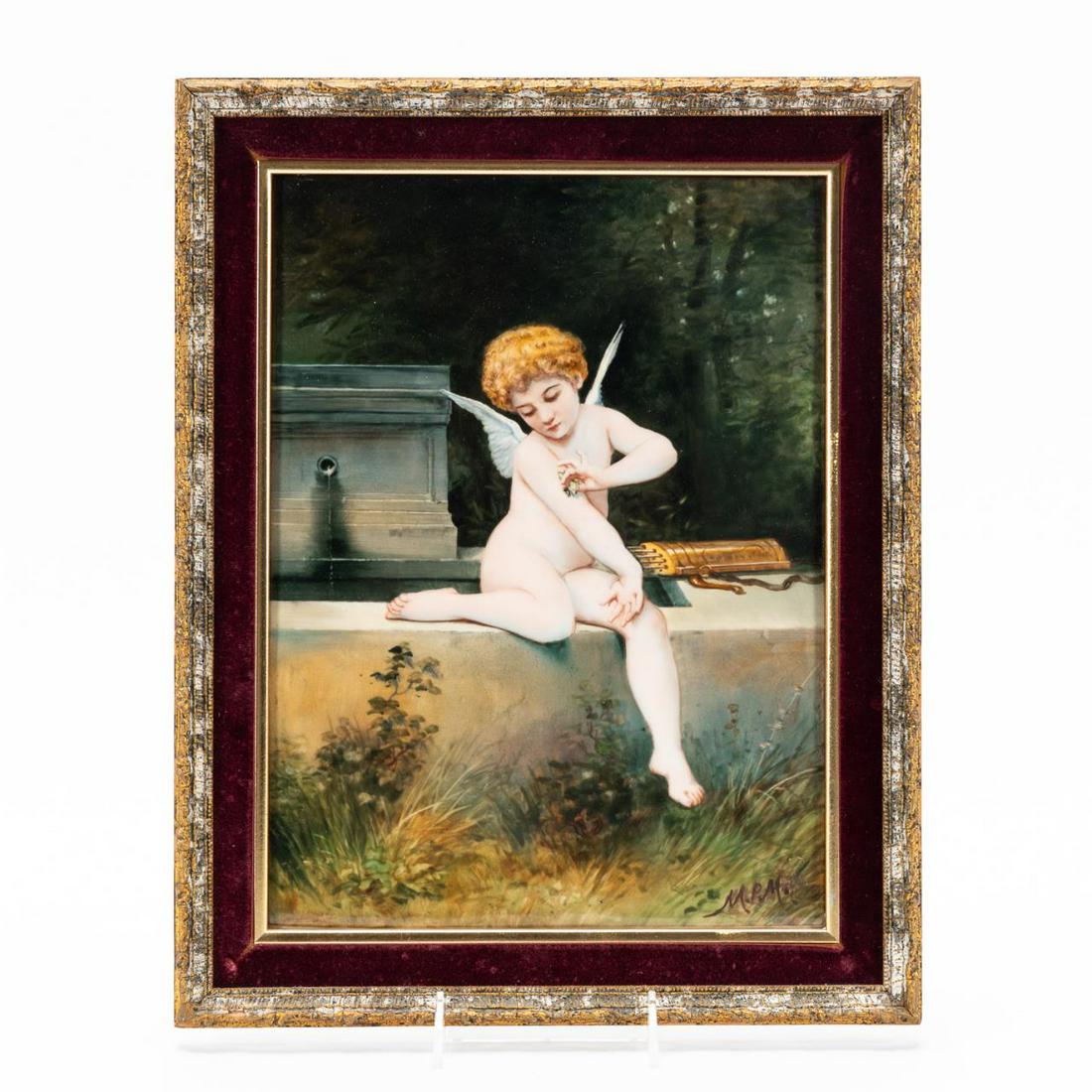 DELINIERES & CO, PAINTED PORCELAIN PLAQUE, PUTTO (1 of 4)