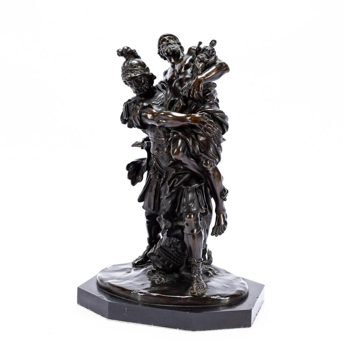 AENEAS RESCUING ANCHISES, MYTHOLOGICAL BRONZE: After Pierre LePautre (French, c. 1660-1744). "Aeneas Carrying his Father Anchises Followed by Ascanius", bronze. Apparently unsigned, on slate base. Approx. h. 16.5"