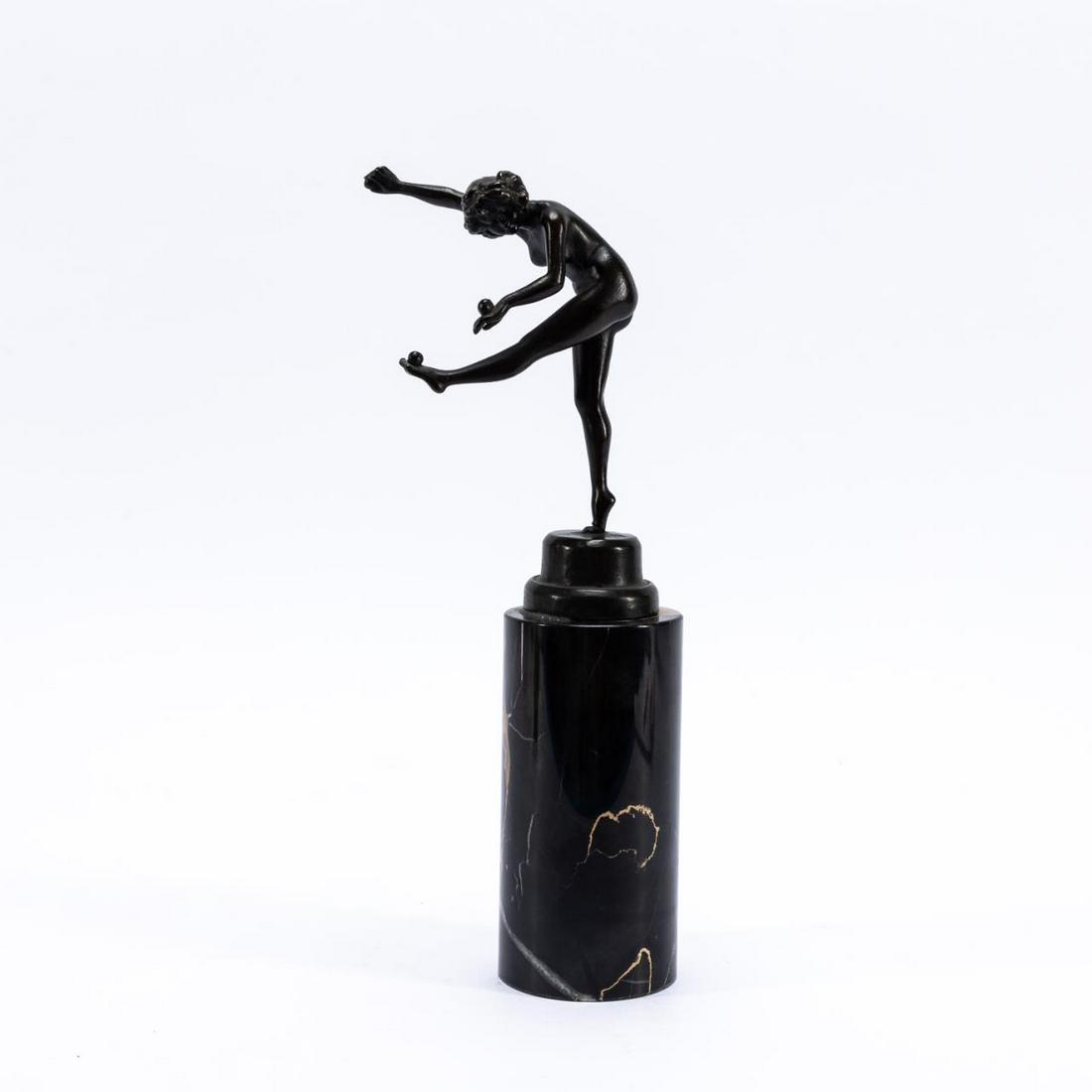 AFTER COLINET, "JUGGLER" SCULPTURE, MARBLE BASE: After Claire Jeanne Roberte Colinet (French, 1880-1950). "Female Nude Juggler", patinated metal on black marble base. Apparently unsigned. Approx. h. 13.25"