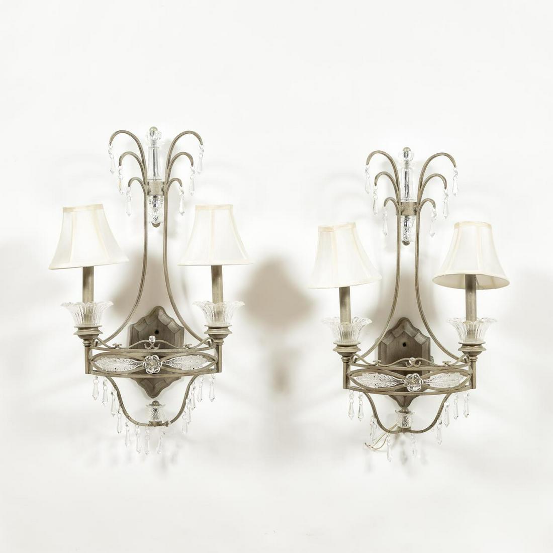 PAIR, PAINTED IRON & CRYSTAL TWO-LIGHT SCONCES (1 of 5)