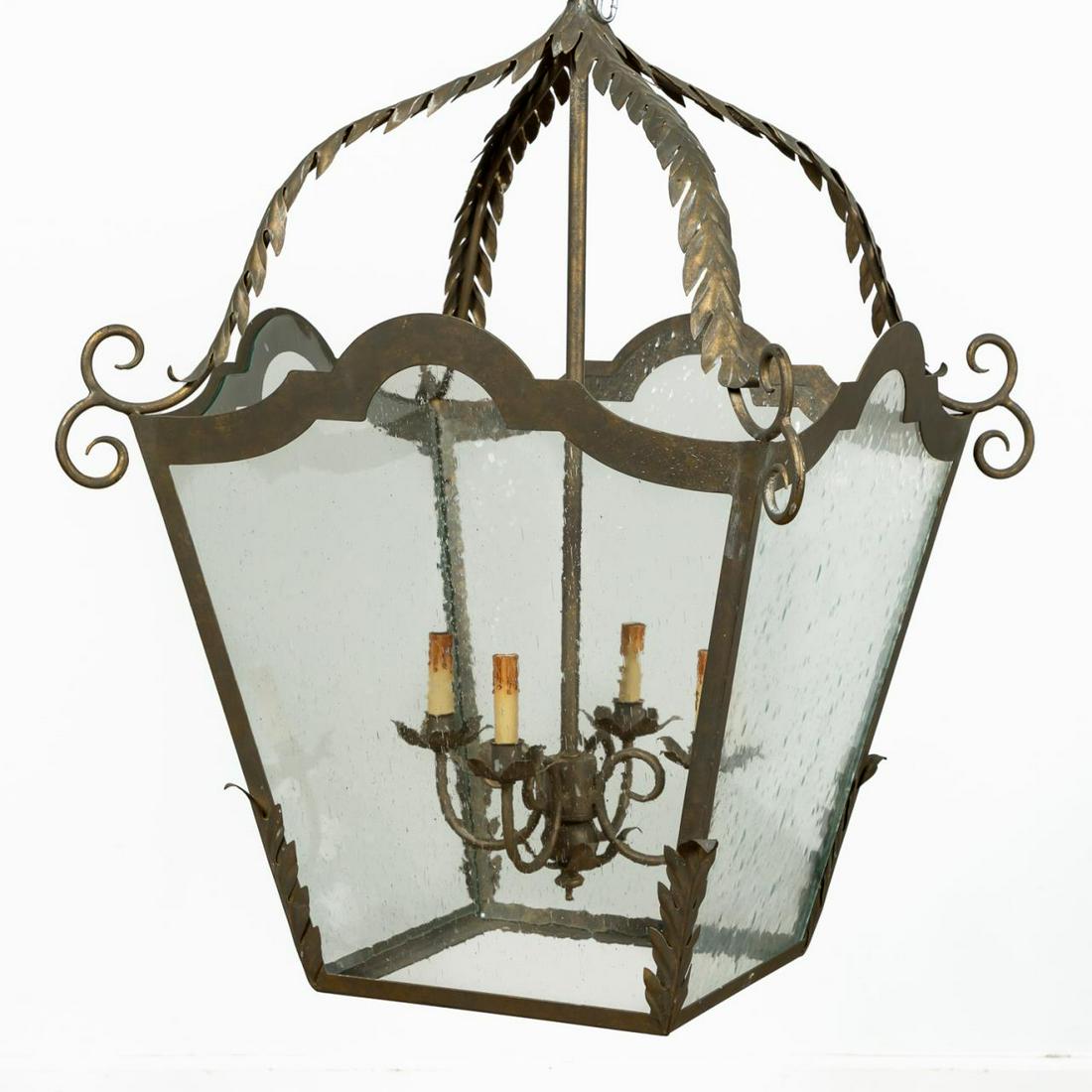 SCROLLED IRON & GLASS LANTERN-FORM CHANDELIER (1 of 6)