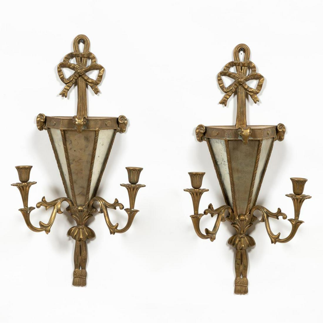 PAIR, BRASS TWO LIGHT RAMS HEAD MIRRORED SCONCES (1 of 6)