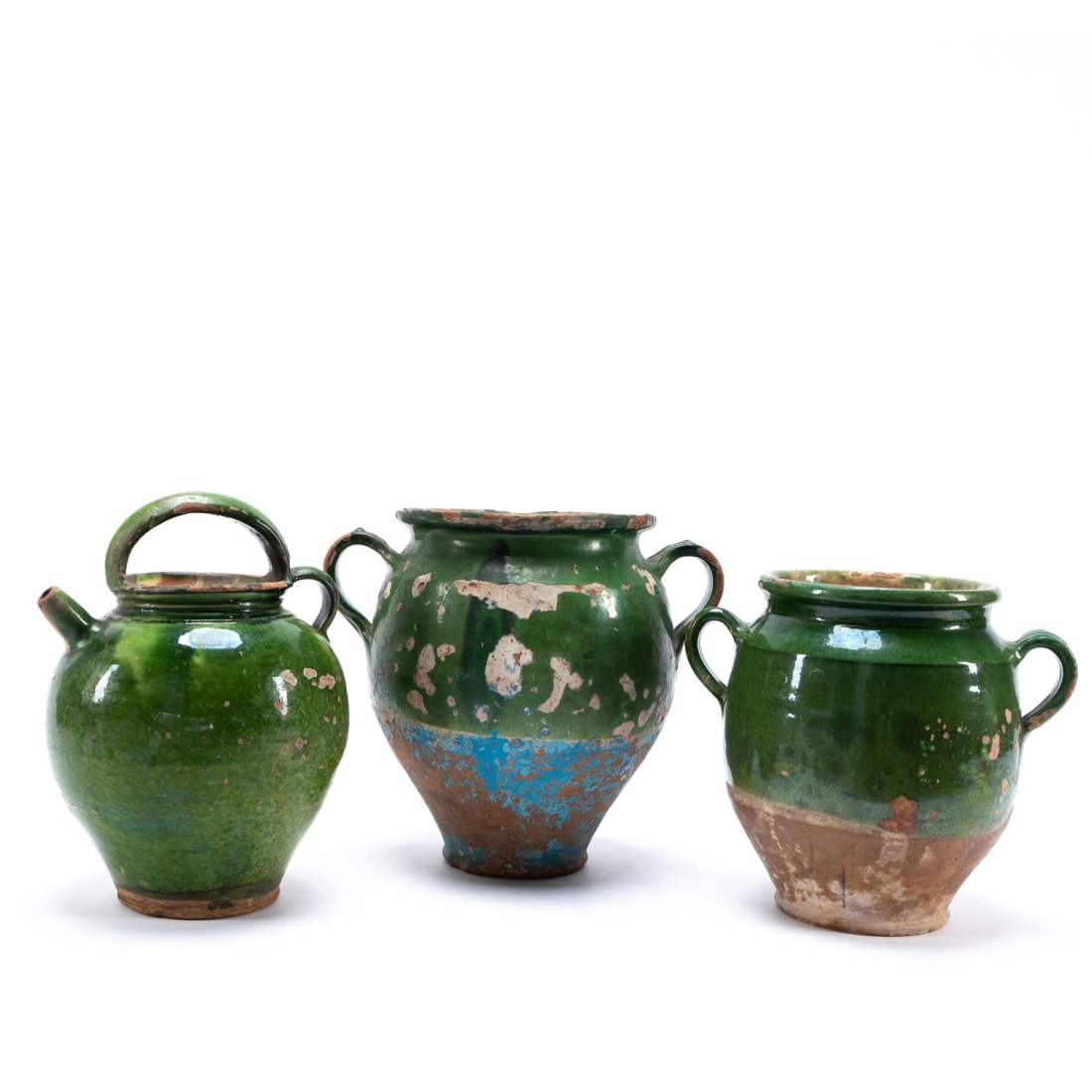 3 PCS GREEN GLAZED POTTERY PITCHER & JARS (1 of 5)