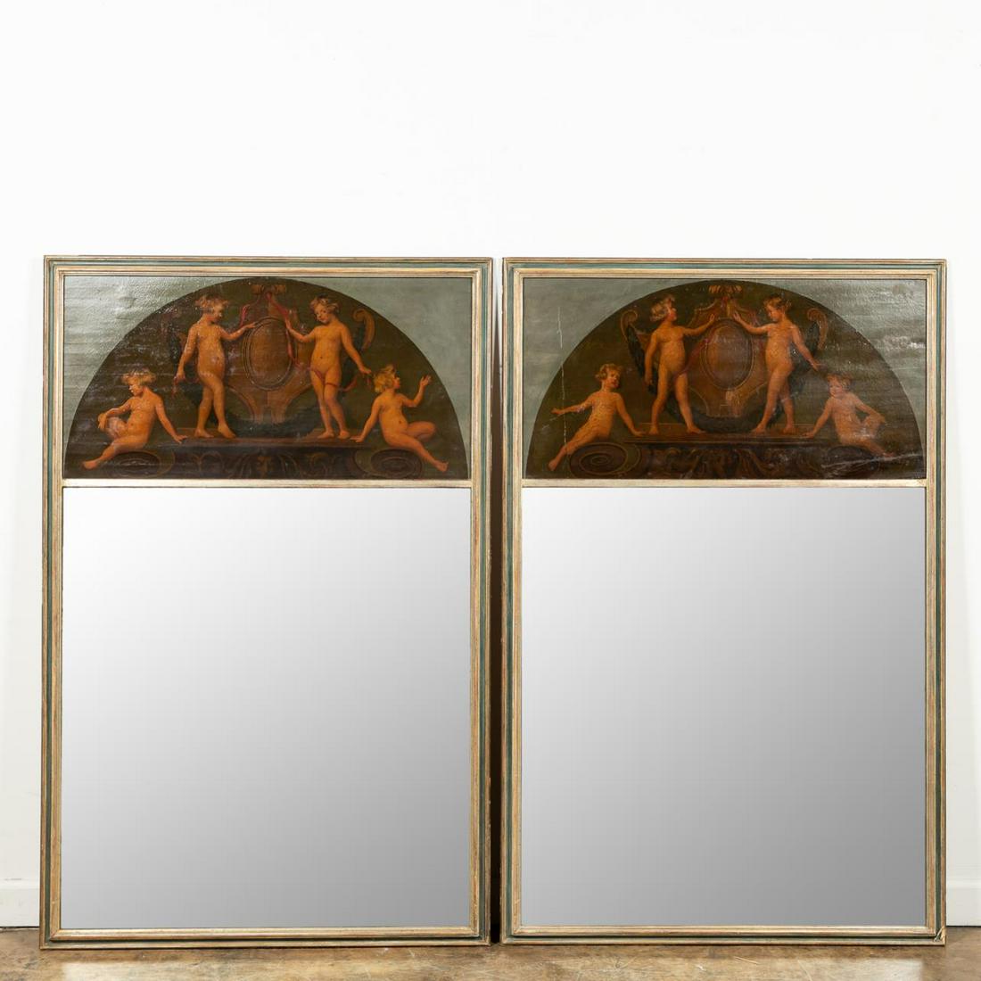 PAIR, CONTINENTAL TRUMEAU MIRRORS WITH PUTTI: Continental, 19th century and later. Pair of mid-20th century trumeau mirrors with inset 19th century oils on canvas of putti in a classical setting. Apparently unmarked. Approx. 40" x 62" (each, over