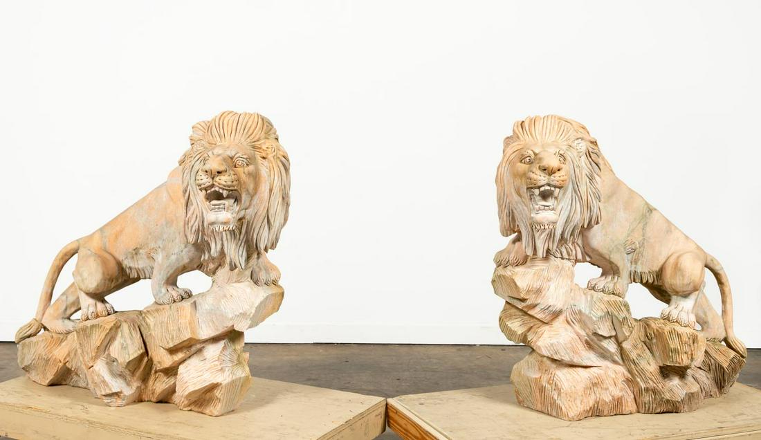 PAIR, LARGE PINK MARBLE LION GARDEN SCULPTURES (1 of 6)