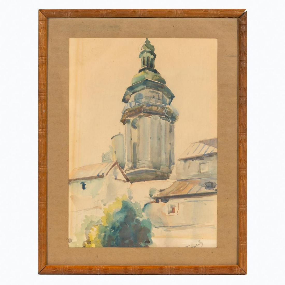 JERZY TYMCIK CHURCH BELFRY WATERCOLOR, FRAMED (1 of 4)