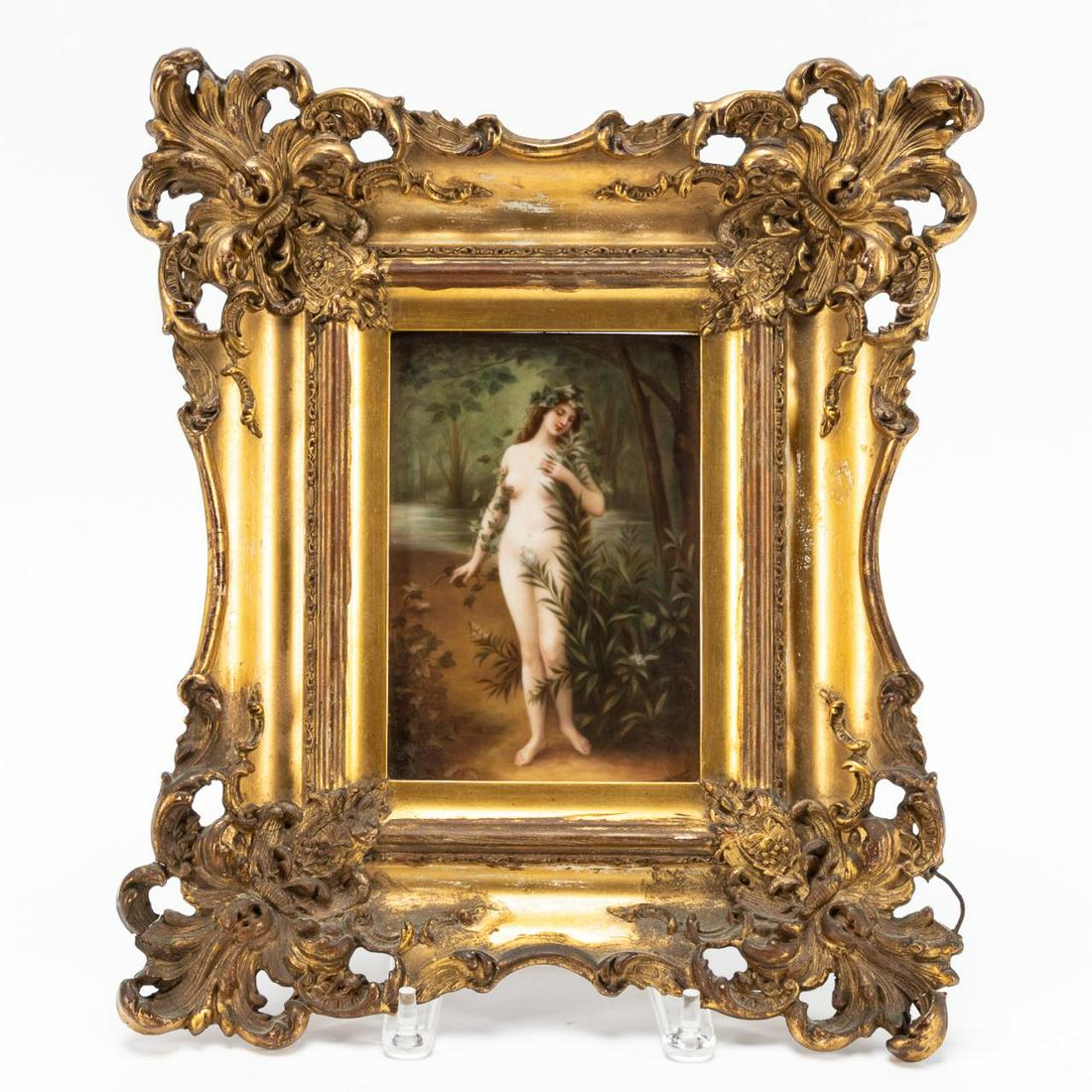 HUTSCHENREUTHER ALLEGORICAL FEMALE NUDE PLAQUE: Hutschenreuther (German, 19th century). "La Fleur" female nude porcelain KPM style plaque. Impressed mark, ititled in pencil and inscribed illegibly on verso, in giltwood frame. Approx. 15" x 12.5" (f