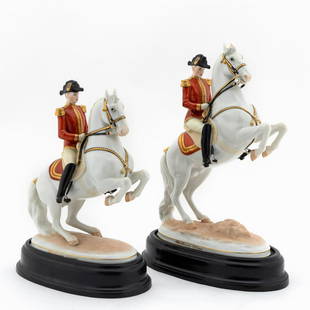 2, AUGARTEN WIEN EQUESTRIAN FIGURES, COURBETTE: Augarten Wien, Vienna Porcelain Manufactory (Austrian, founded 1718), 20th century. Group of two Spanish Riding School equestrian porcelain figurines comprising: "Courbette" (1595) and "Levade With Ri