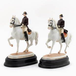 2, AUGARTEN WIEN EQUESTRIAN FIGURES, PIAFFE & TRAB: Augarten Wien, Vienna Porcelain Manufactory (Austrian, founded 1718), 20th century. Group of two Spanish Riding School equestrian porcelain figurines comprising: "Piaffe" (1590) and "Trab" (1592),