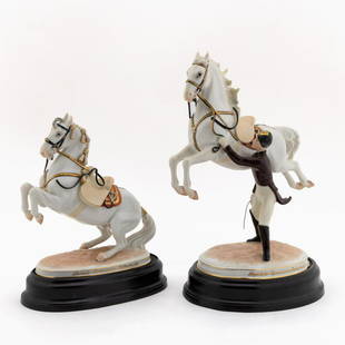 2, AUGARTEN WIEN EQUESTRIAN FIGURES, CAPRIOLE: Augarten Wien, Vienna Porcelain Manufactory (Austrian, founded 1718), 20th century. Group of two Spanish Riding School equestrian porcelain figurines comprising: "Capriole" (1833) modeled by