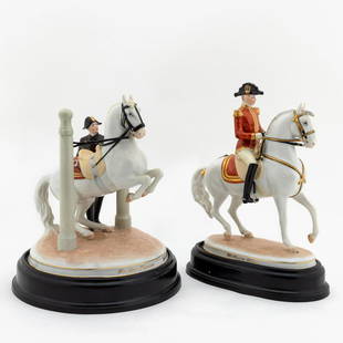 2, AUGARTEN WIEN EQUESTRIAN FIGURES, PIROUETTE: Augarten Wien, Vienna Porcelain Manufactory (Austrian, founded 1718), 20th century. Group of two Spanish Riding School equestrian porcelain figurines comprising: "In den Pilaren" (1596) and "Pirouette