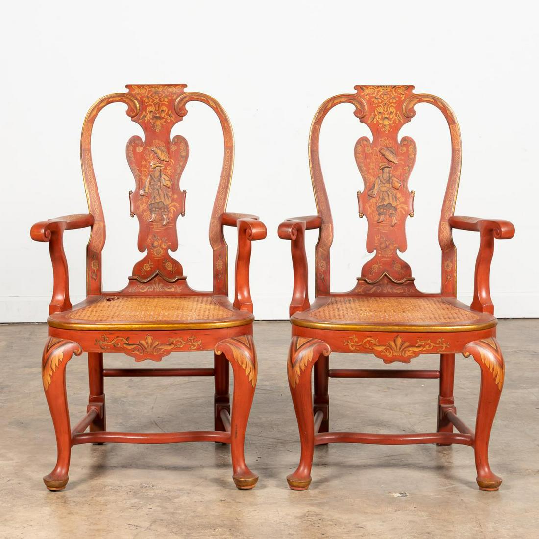PAIR, RED JAPANNED CHINOISERIE ARMCHAIRS (1 of 6)