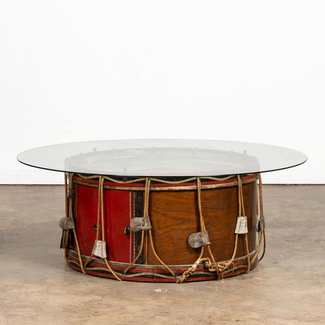 BRITISH REGIMENTAL DRUM GLASS TOP COCKTAIL TABLE (1 of 8)