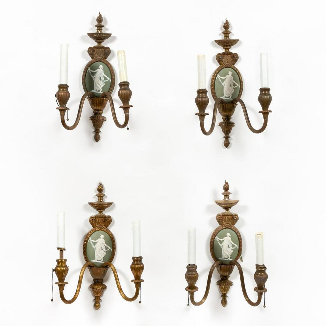 SET, FOUR ADAMS-STYLE JASPERWARE TWO-LIGHT SCONCES (1 of 6)