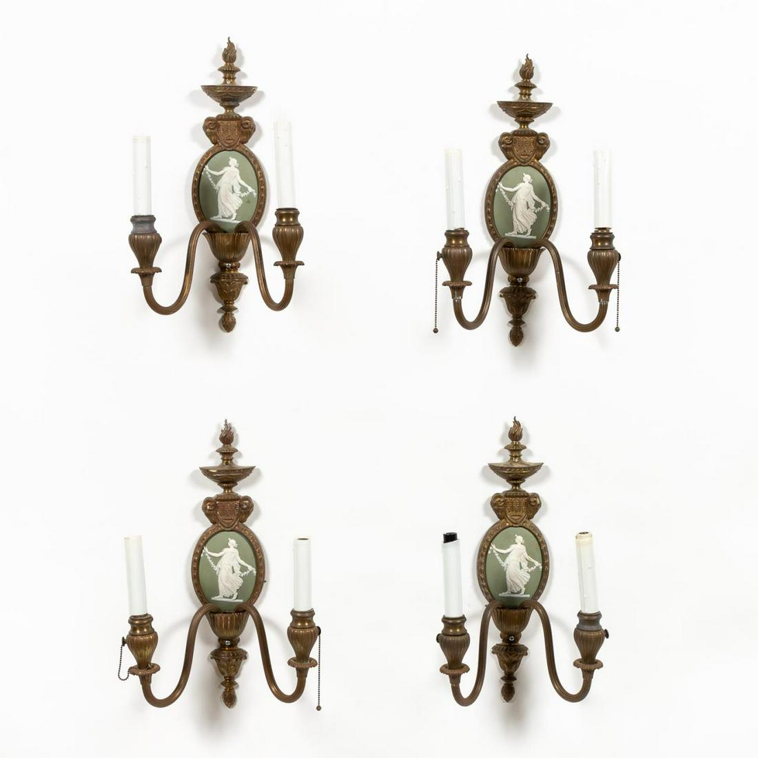 SET, FOUR ADAMS-STYLE JASPERWARE TWO-LIGHT SCONCES (1 of 7)