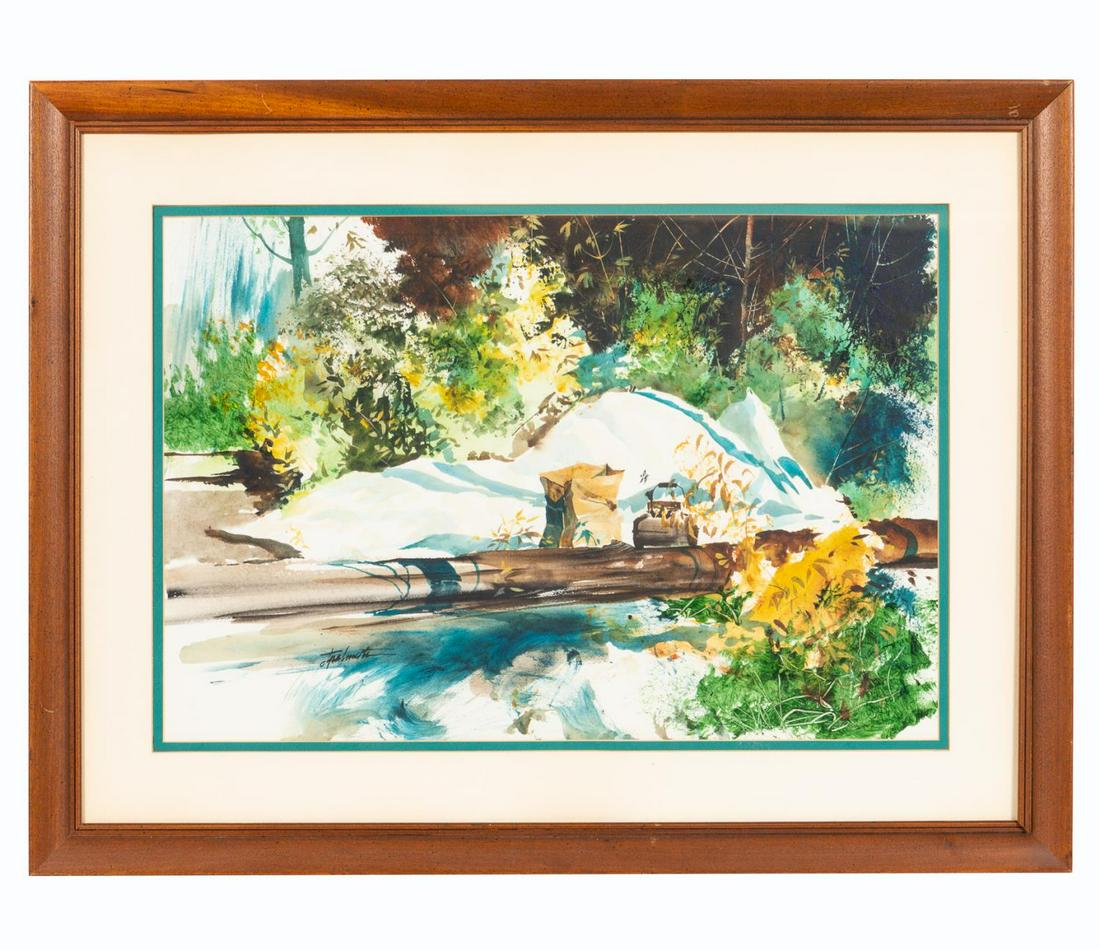 TOM PALMERTON, SACK LUNCH WATERCOLOR, FRAMED: Thomas Dale Palmerton (American/Nebraska, 1932-2015). "Brown Paper Sack Lunch", watercolor. Signed lower left, framed. Approx. 22.5" x 29.5" (frame), 15" x 22" (sight)