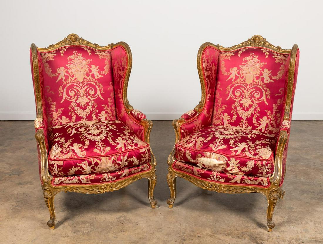 PR., SCALAMANDRE UPHOLSTERED GILTWOOD WING CHAIRS (1 of 5)