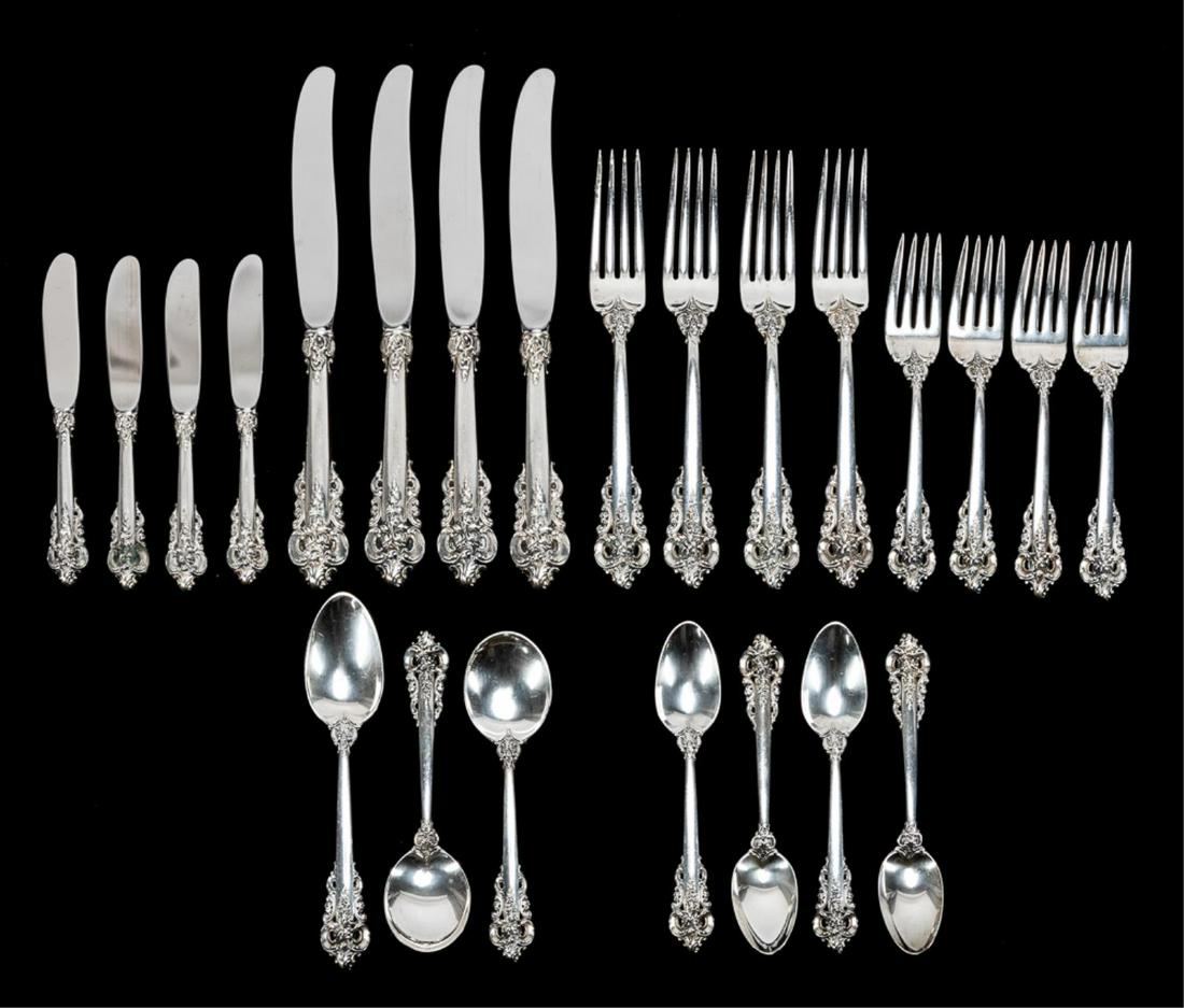 WALLACE "GRANDE BAROQUE" STERLING FLATWARE, 23PCS: Wallace Silversmiths (American), 20th century. Twenty-three pieces of sterling silver "Grande Baroque" (introduced 1941) flatware comprising: four dinner forks (8"), four salad forks (6.625"), one pla