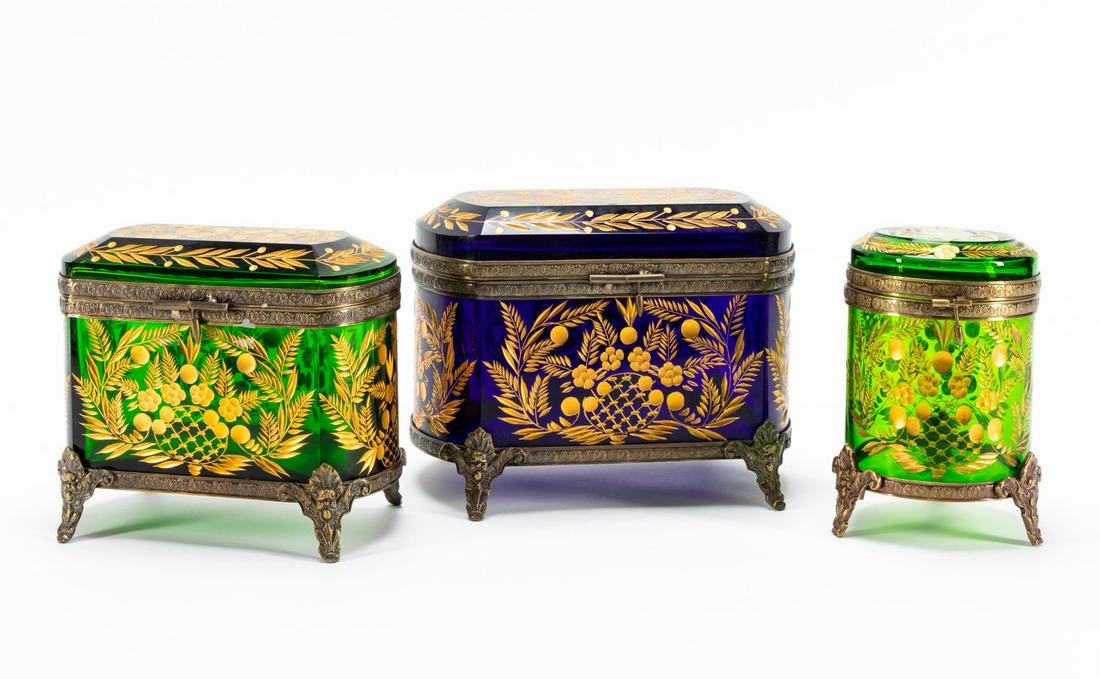 BRONZE MOUNTED GILDED COLORED GLASS CASKETS, 3PCS (1 of 5)