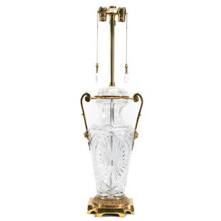 CUT CRYSTAL & BRASS TABLE LAMP, VICTORIAN SHADE: Marbro Lamp Company, 20th century. Cut glass and brass mounted urn form lamp with Victorian style beaded shade attributed to Kathleen Cade. Labeled below socket. Approx. h. to top of socket 33.5"