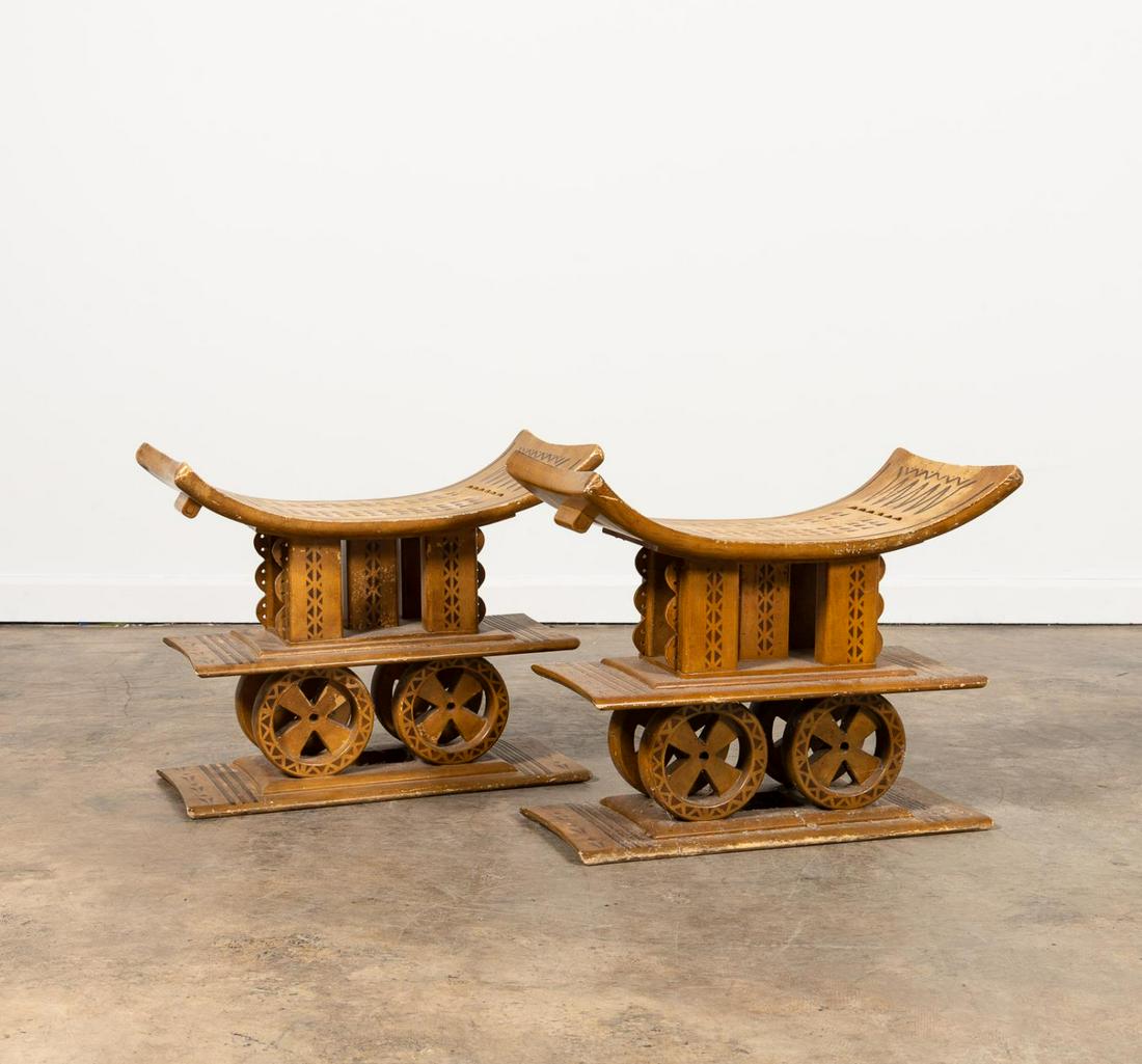 PAIR AFRICAN STYLE POLYCHROME & WOOD STOOLS (1 of 6)