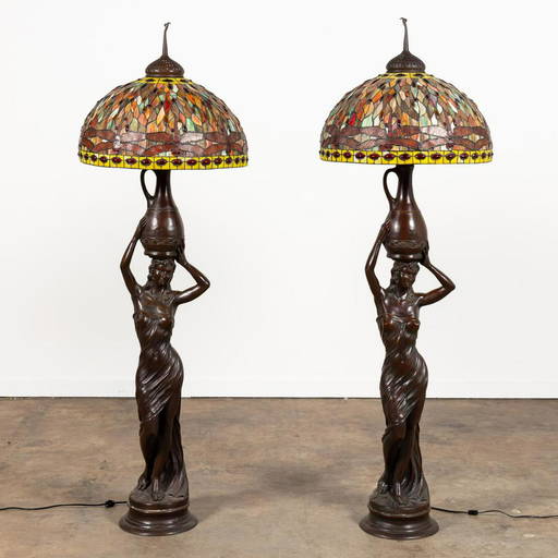 Pr., Figural Floor Lamps With Tiffany Style Shades