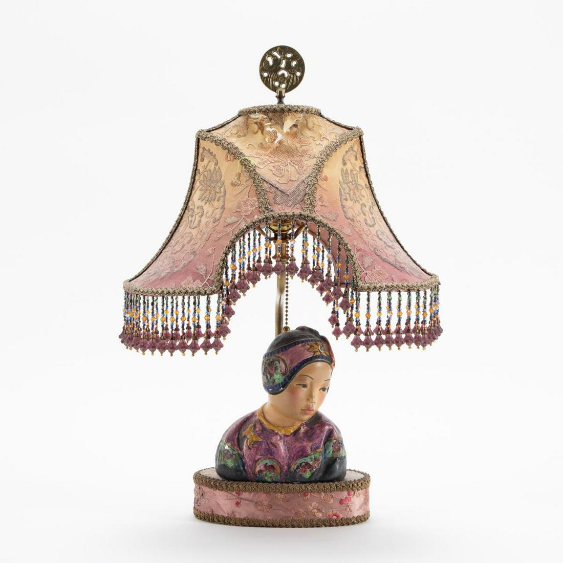 JAPANESE FIGURAL TABLE LAMP, BEADED SHADE (1 of 7)