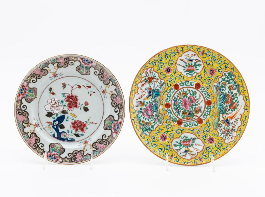2 CHINESE EXPORT PORCELAIN PLATES, YELLOW & ROSE (1 of 5)