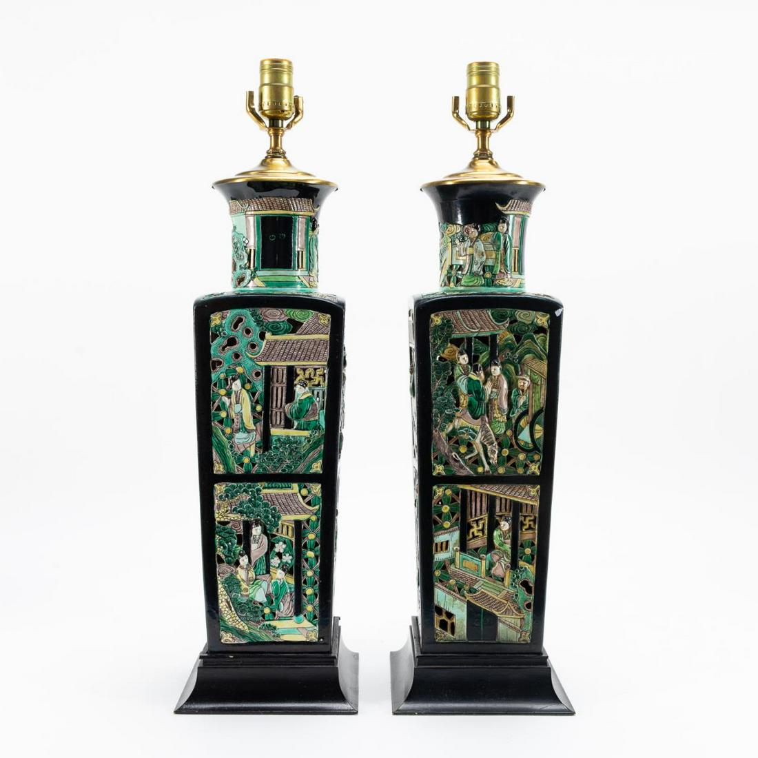 PAIR FAMILLE NOIR RETICULATED COURT SCENE LAMPS (1 of 6)