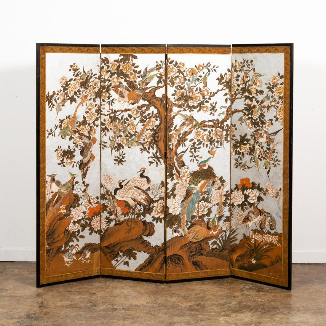 4 PANEL CHINESE LANDSCAPE & BIRD FLOOR SCREEN (1 of 4)