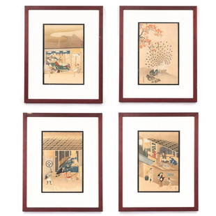 JAPANESE, 4 FRAMED REPRODUCTION WOOD BLOCK PRINTS: Japanese, 20th century. Framed group of four facsimiles of notable woodblock artists comprising of Tosa Mitsuoki (1617-1691) "Fan making", "Bow Making", and "Sword Making", and Maruyama Okyo (1733-179