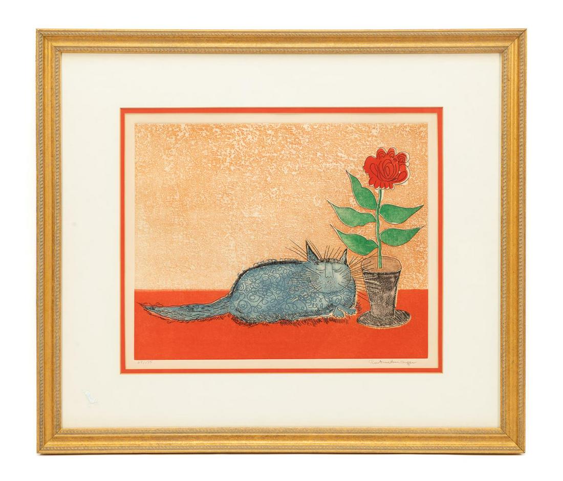 FRENCH SCHOOL, MODERN COLOR ETCHING OF CAT, FRAMED (1 of 4)