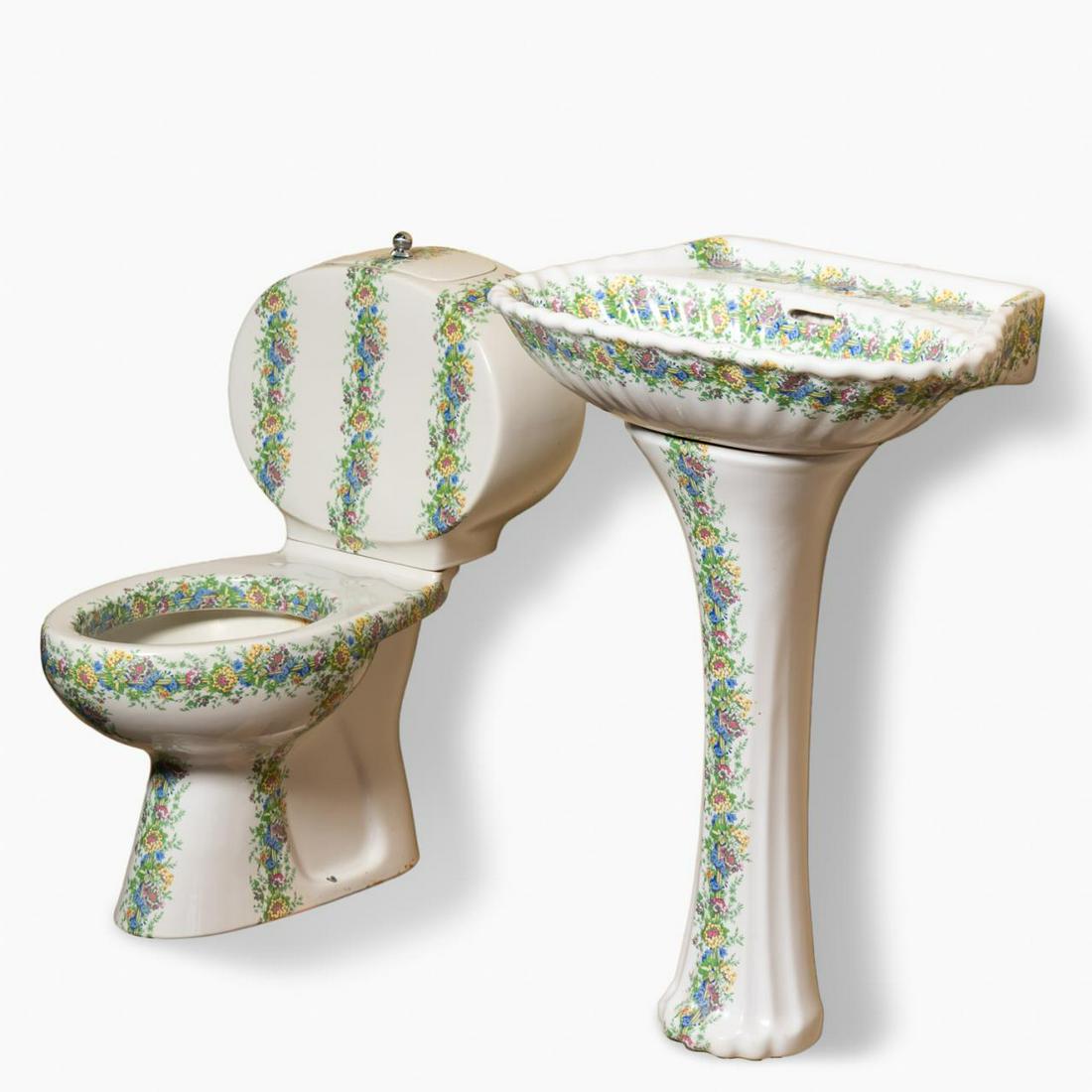 RICHARD GINORI FLORAL PEDESTAL SINK & TOILET, 3PC (1 of 6)