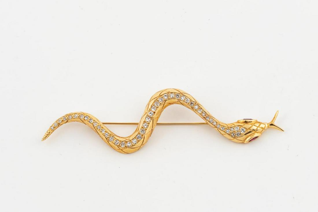 MIGLIORE 14K GOLD, DIAMOND, & RUBY SNAKE PIN (1 of 6)