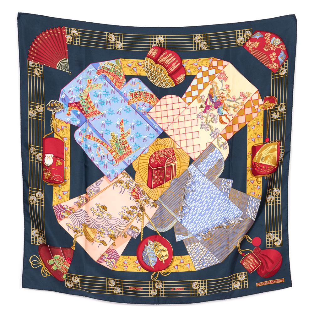 HERMES "KIMONOS ET INROS" NAVY SILK SCARF (1 of 5)