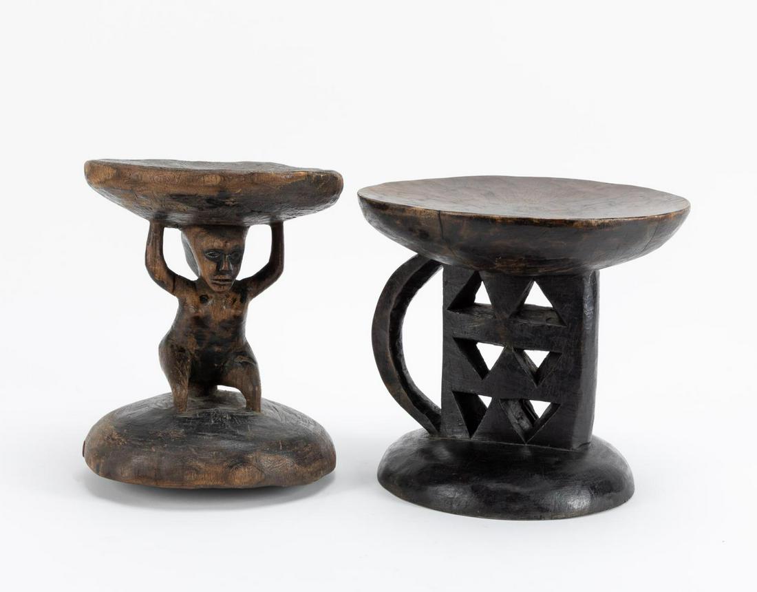 2 AFRICAN CARVED WOOD STOOLS, LUBA & ZAMBIA (1 of 6)