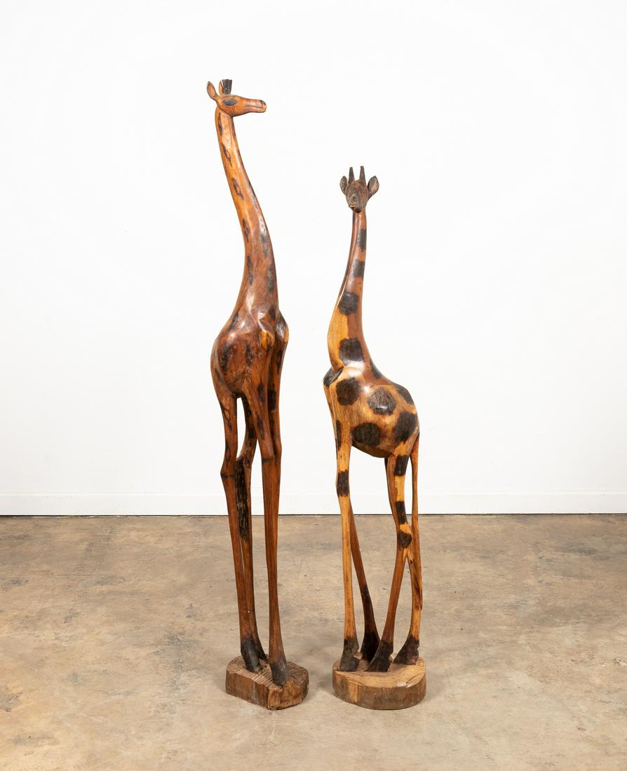TWO STANDING CARVED WOOD AFRICAN GIRAFFES (1 of 5)