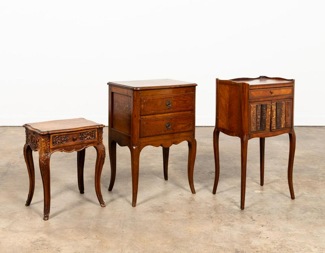 THREE FRENCH LOUIS XVI STYLE SIDE SMALL TABLES: French and Italian. Group of three carved wood small side tables comprising of with faux book spines and diamond match veneer, one two drawer with shaped apron and one single drawer with floral and fo