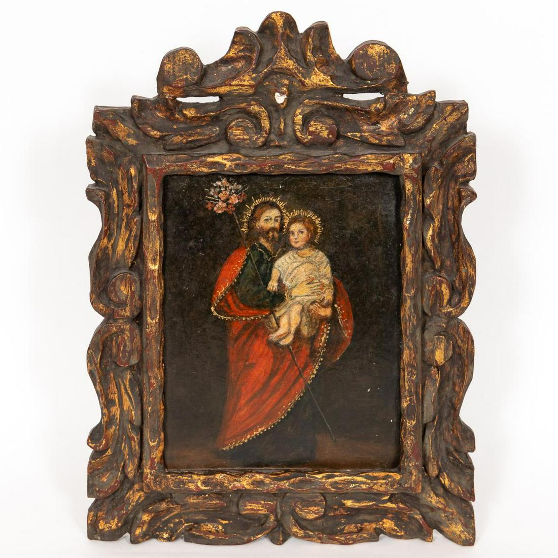 RELIGIOUS ICON ON METAL, CARVED GILTWOOD FRAME (1 of 3)