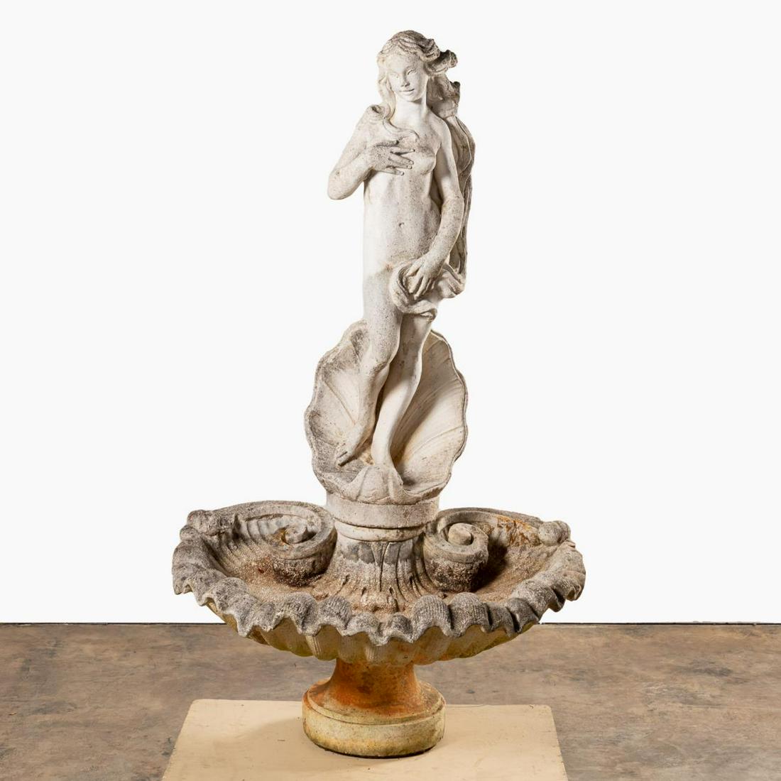 BIRTH OF VENUS GARDEN FOUNTAIN, CAST CONCRETE: Continental, 20th century. "Birth of Venus", cast concrete fountain based on the painting by Sandro Botticelli with nude Venus standing above a shell form basin. Apparently unmarked. Approx. h. 68", w