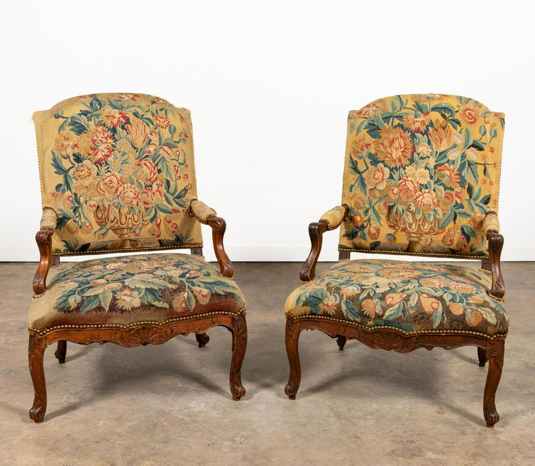 PAIR LOUIS XV STYLE FRENCH TAPESTRY ARMCHAIRS (1 of 8)