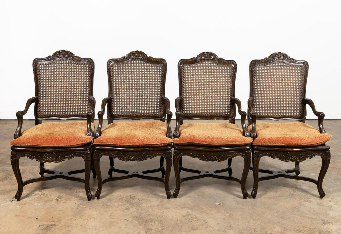 FOUR FRENCH LOUIS XV STYLE CANE ARMCHAIRS (1 of 8)