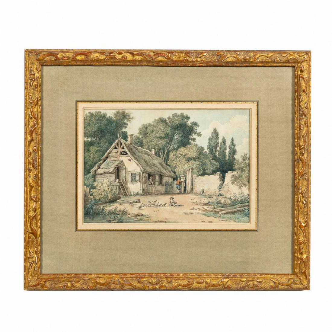 ALEXIS NICOLAS PERIGNON THE YOUNGER, FRENCH SCENE: Attributed to Alexis Nicolas (The Younger) Perignon (French, 1785-1864). "French Country Scene" watercolor and ink on paper, framed. Approx. 15.125" x 18.125" (frame), 8.25" x 11.75" (sheet)