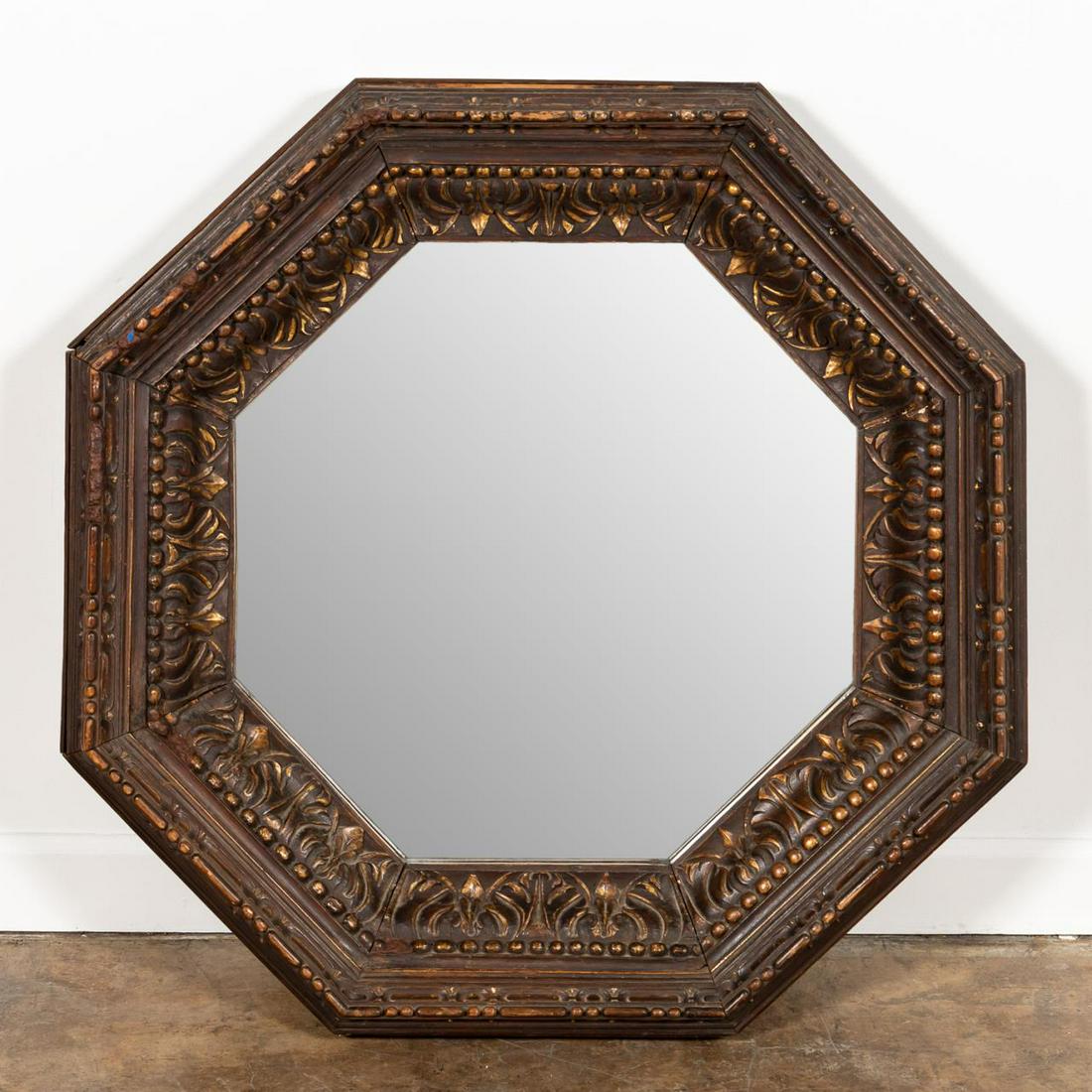 19TH C. FRENCH BAROQUE CARVED WOODEN OCTAGONAL MIRROR (1 of 4)
