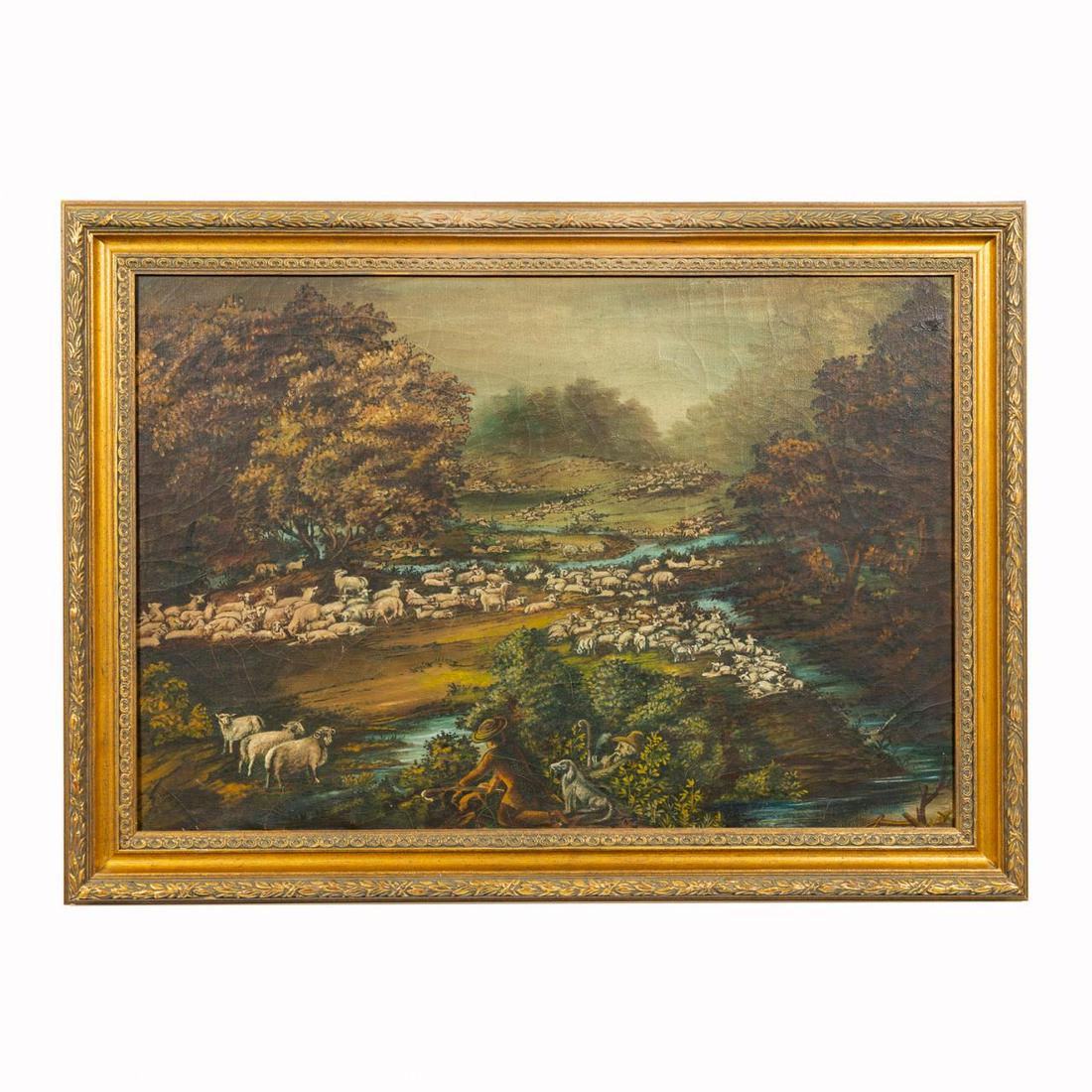 19TH C. CONTINENTAL SCHOOL, FLOCK OF SHEEP OIL (1 of 4)