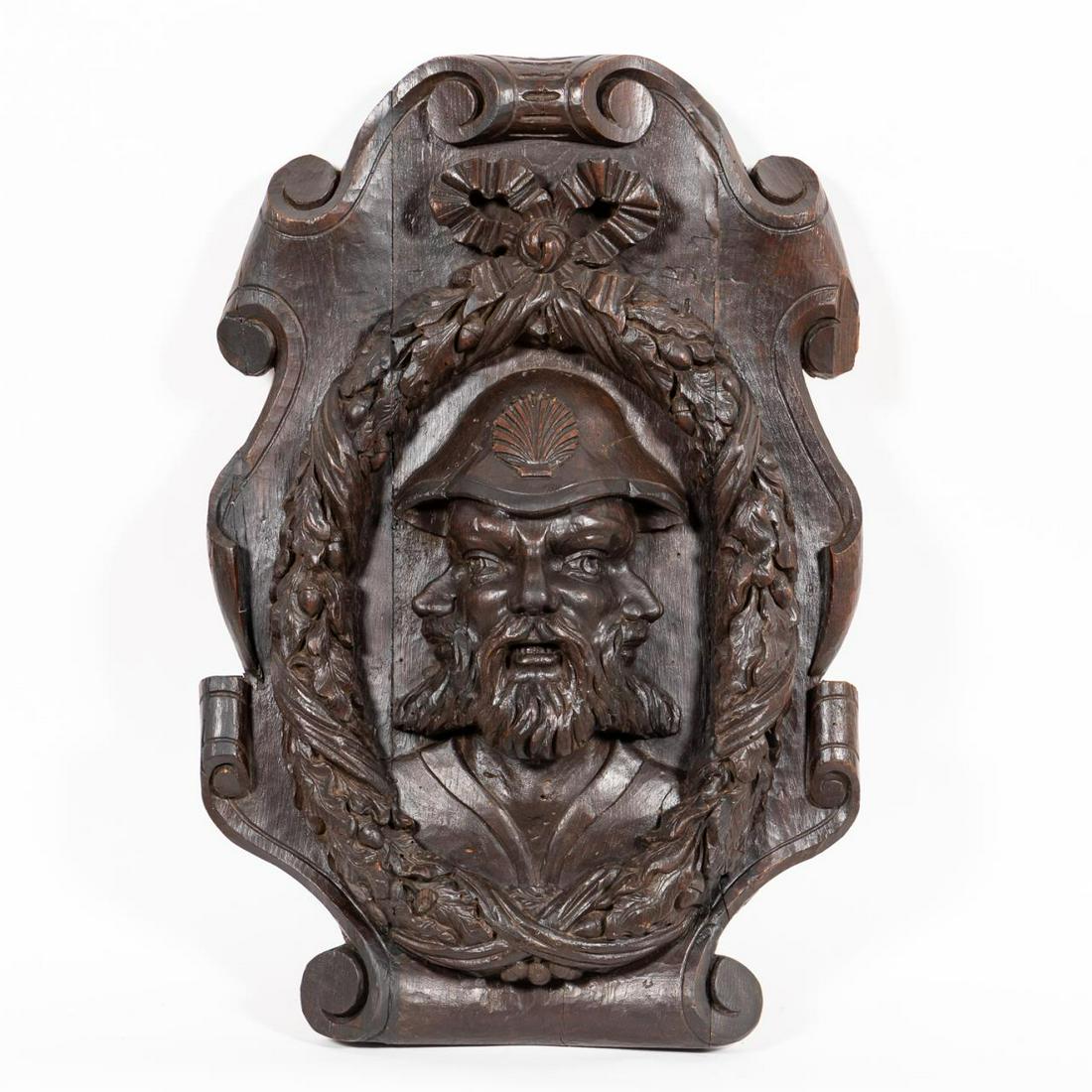 19TH C. CARVED OAK WALL CARTOUCHE OF A PILGRIM (1 of 6)