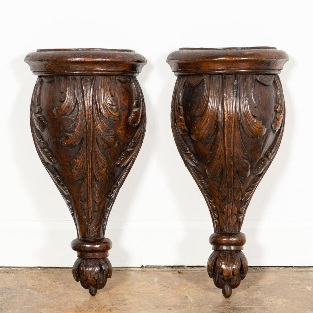 PAIR 19TH C. ACANTHUS LEAF CARVED HANGING BRACKETS (1 of 5)
