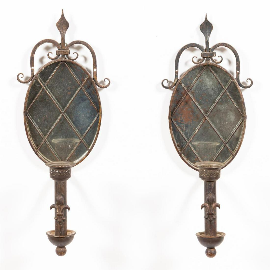 PAIR, SCROLLED IRON MIRROR BACKED SCONCES (1 of 4)