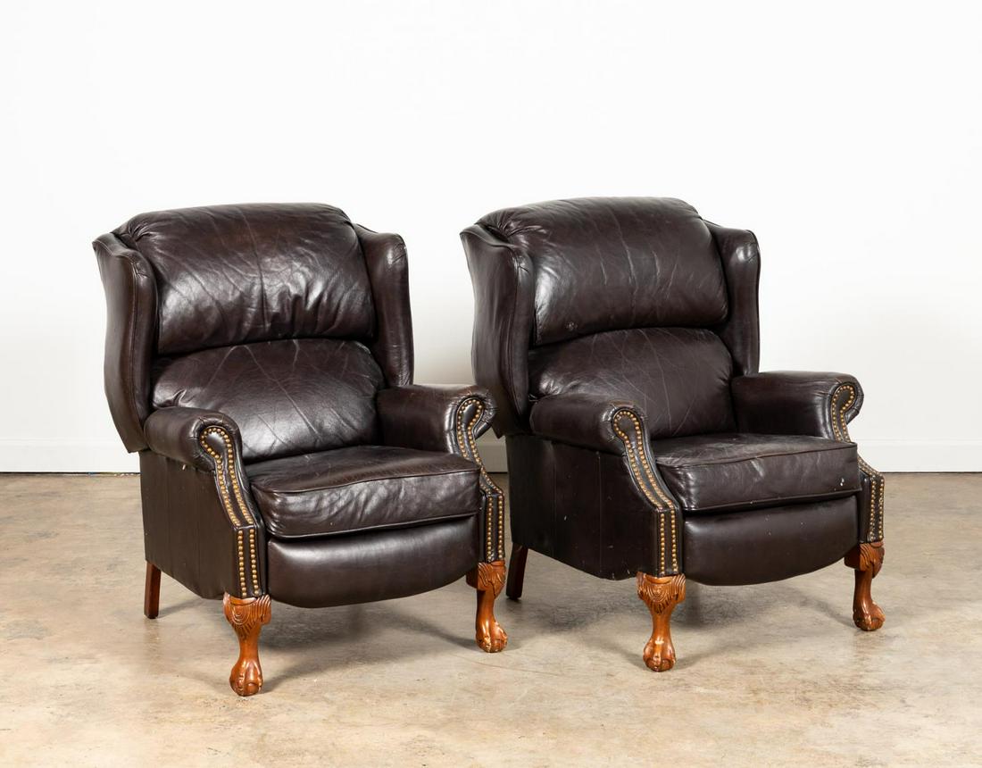 PAIR, DARK BROWN LEATHER & MAHOGANY RECLINERS (1 of 7)