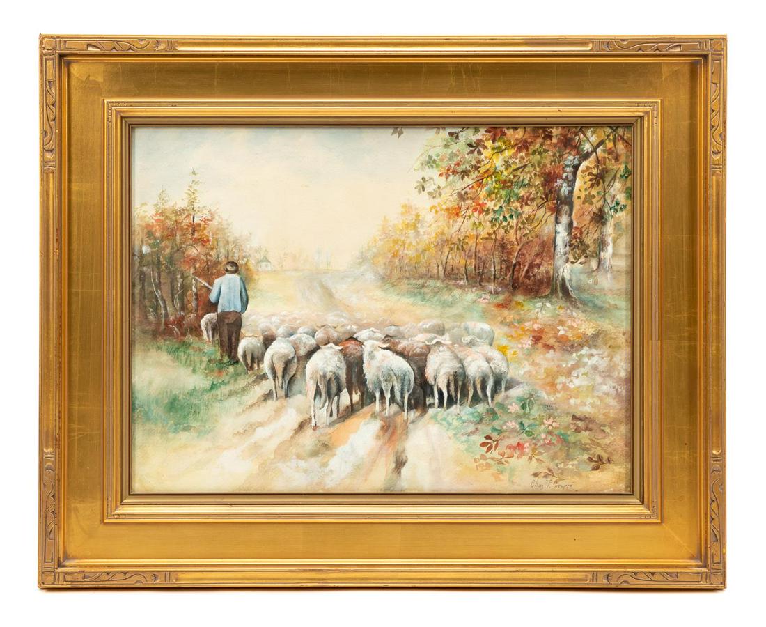 CHARLES GRUPPE GOUACHE, FLOCK OF SHEEP, FRAMED (1 of 3)